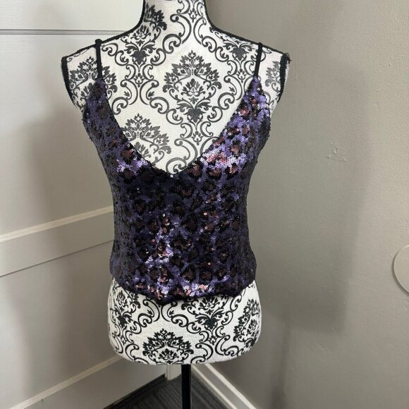 Le Superbe sequin purple cheetah print cropped adjustable spaghetti strap top - Picture 1 of 8